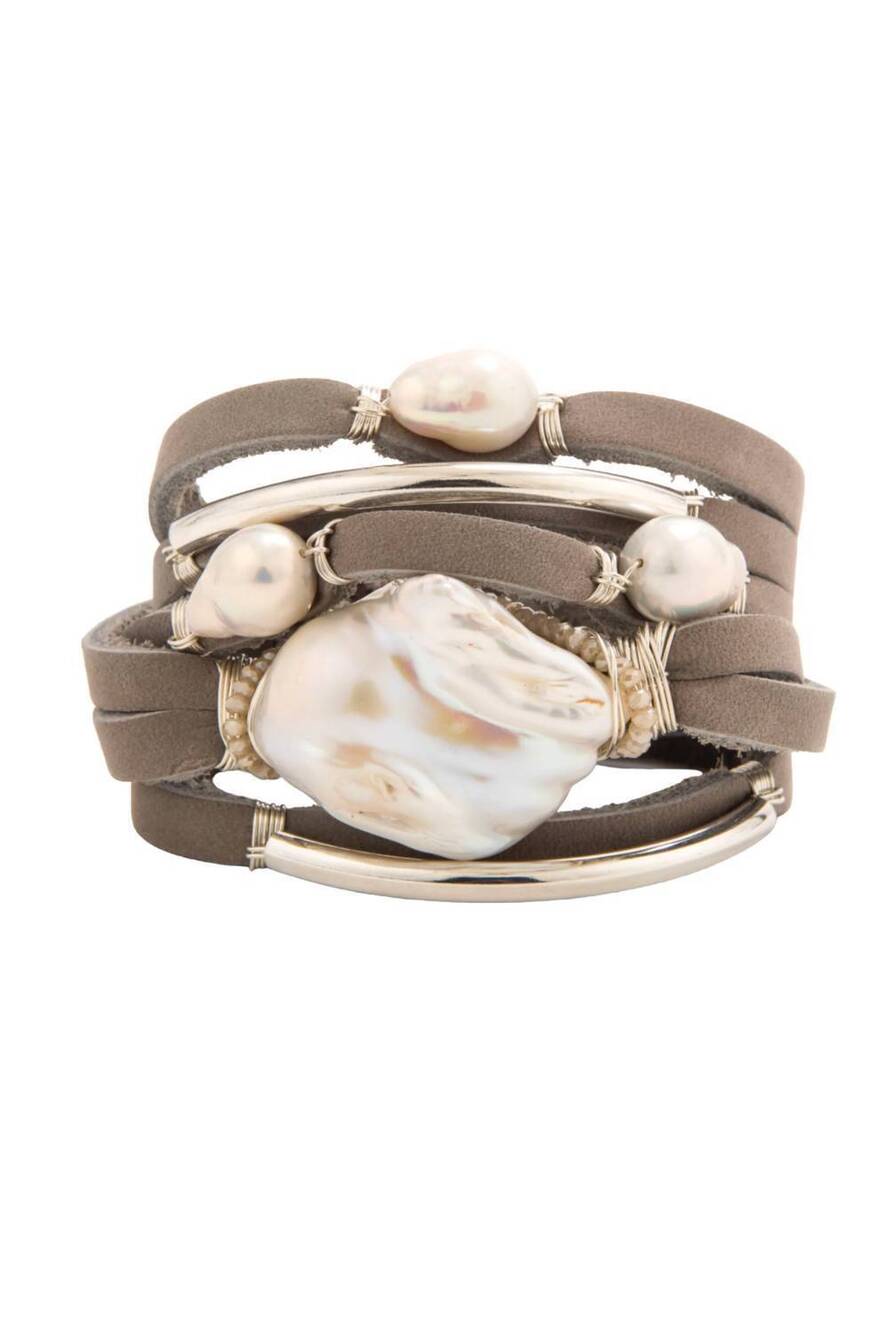 NEW TAYLOR AND TESSIER women's pearl shred bracelet in grey leather
